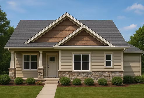 Exterior view of the Evelyn patio home featuring tan siding, a prominent front gable, a covered entryway with white pillars, and an attached two-car garage.