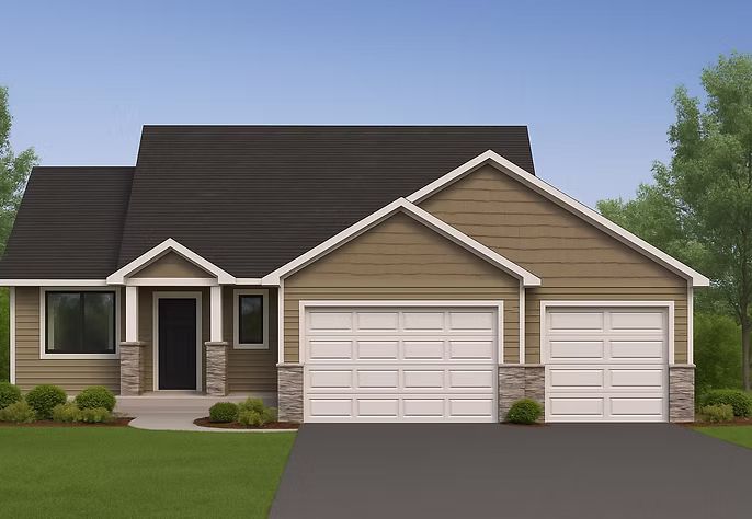 Exterior view of the Harmony 2 rambler home featuring dark blue siding, a prominent front gable, and an attached garage.