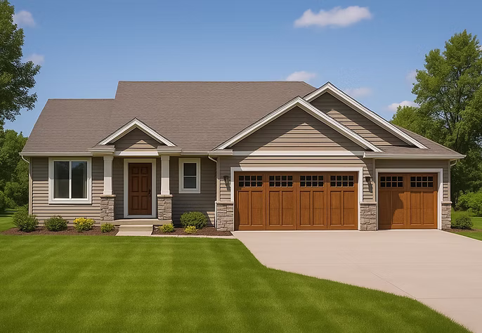 Exterior view of the Harmony 3 rambler home featuring tan siding, stone accents, and an attached multi-car garage.