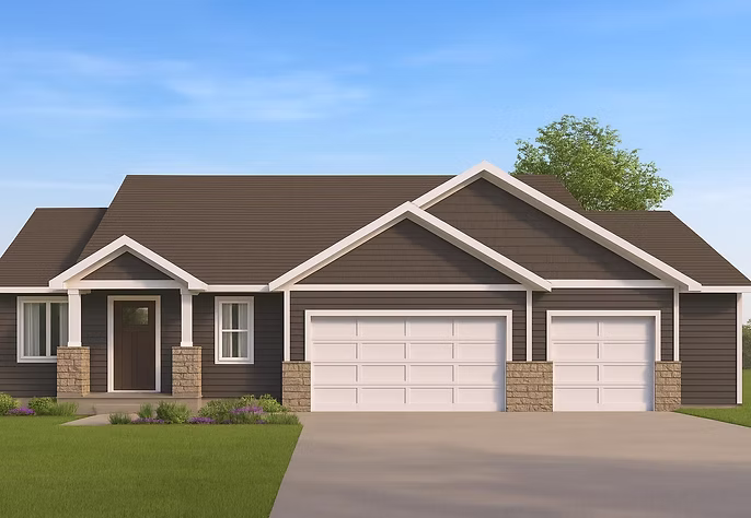 Exterior view of the Harmony rambler home featuring brown siding, stone accents, a prominent front gable, and an attached multi-car garage.