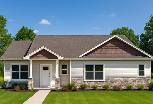 Exterior view of the Penelope patio home featuring light siding, prominent front gables, and a covered porch.