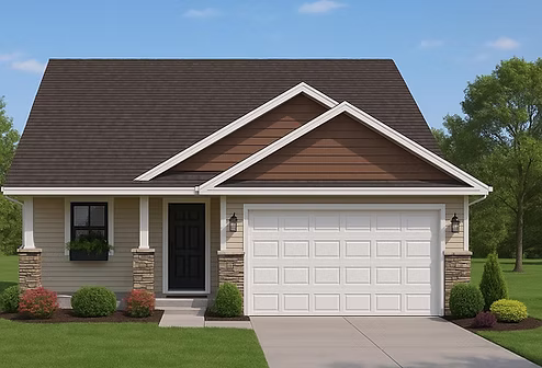 A single-story custom home exterior featuring modern board-and-batten siding paired with stone veneer accents, an attached three-car garage, a covered front entryway with timber posts, and a landscaped front lawn.