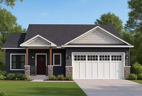Exterior view of the Serenity-2 home featuring dark siding, stone accents, a covered front porch with white columns, and an attached garage.