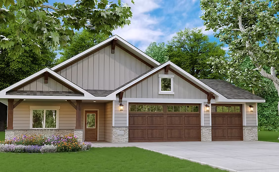 A single-story home exterior featuring tan horizontal and light gray vertical siding with white trim, a three-car garage with brown wood-look doors, stone veneer accents along the lower front facade, a covered front porch with natural wood pillars, a concrete driveway, and a landscaped green lawn under a clear blue sky