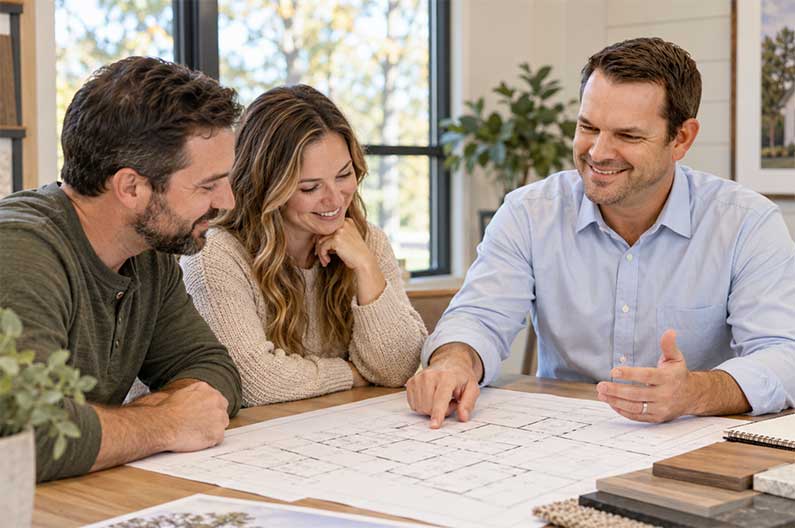 Home builder meeting with prospective homeowners to review floor plans and material samples.