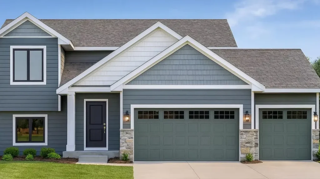Exterior view of a single-story rambler home featuring modern horizontal siding, stone veneer accents along the foundation, a covered front porch with timber posts, an attached multi-car garage, and a manicured front lawn.
